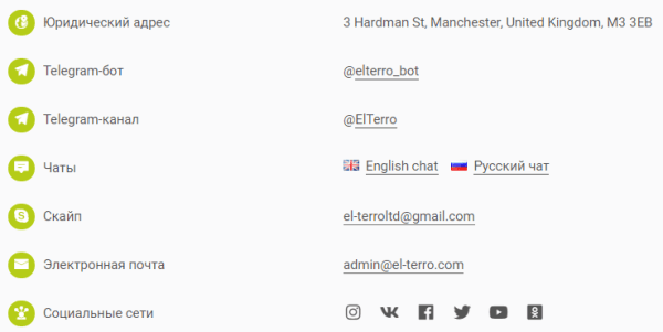Контактные данные проекта El-Terro