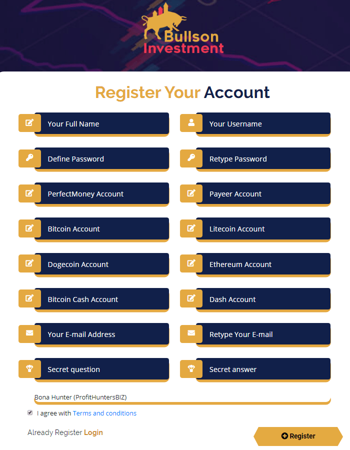 Registration in the Bullson Investment project