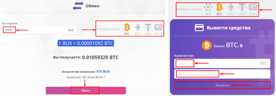 Вывод средств в проекте Buytex Network