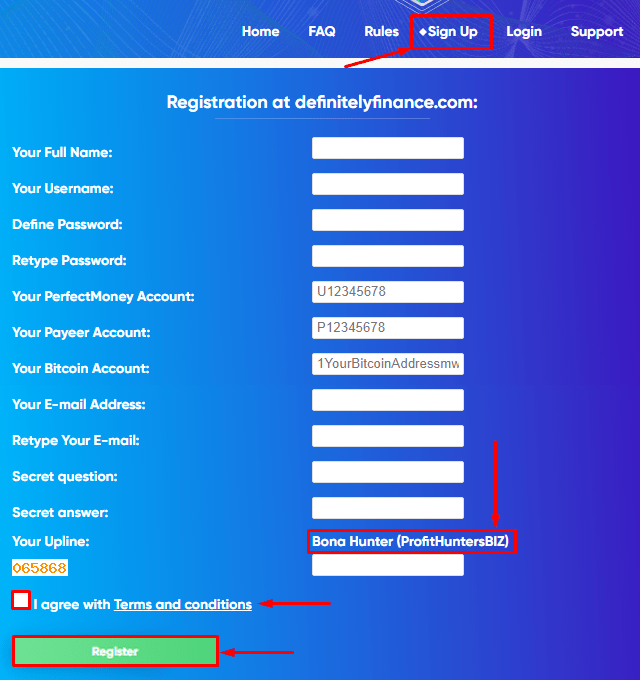 Registration in the Definitely Finance project