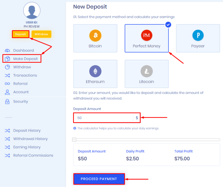 Fazendo um depósito no projeto Doxera