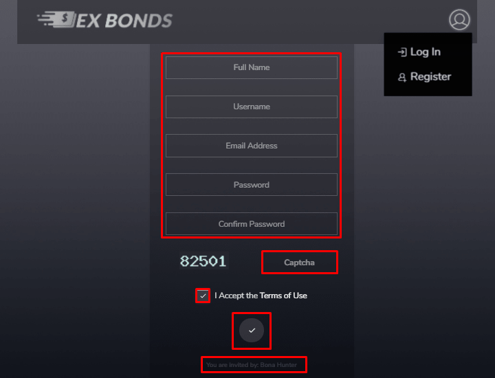 Registro no projeto Ex Bonds