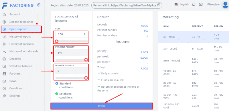 Creating a deposit in the Factoring project