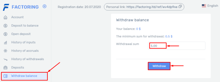 Withdrawal of funds in the Factoring project