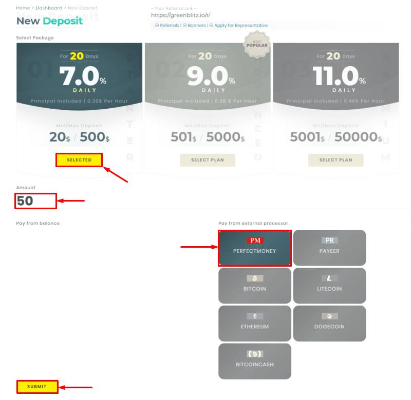 Создание депозита в проекте Green Blitz