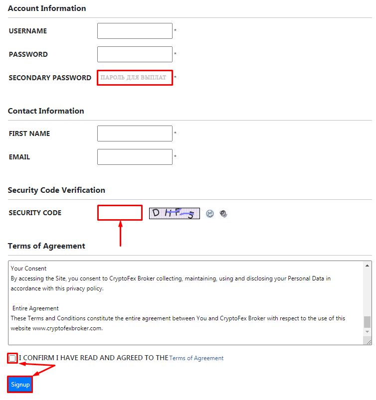 Registration in the Cryptofex Broker project