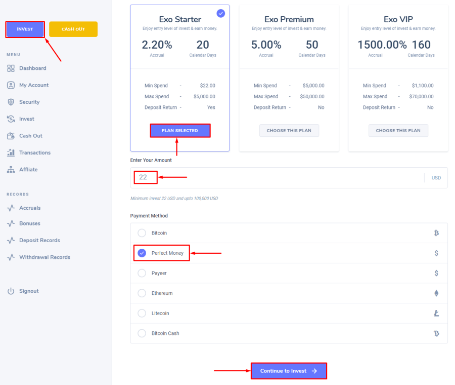 Создание депозита в проекте Exo Capital