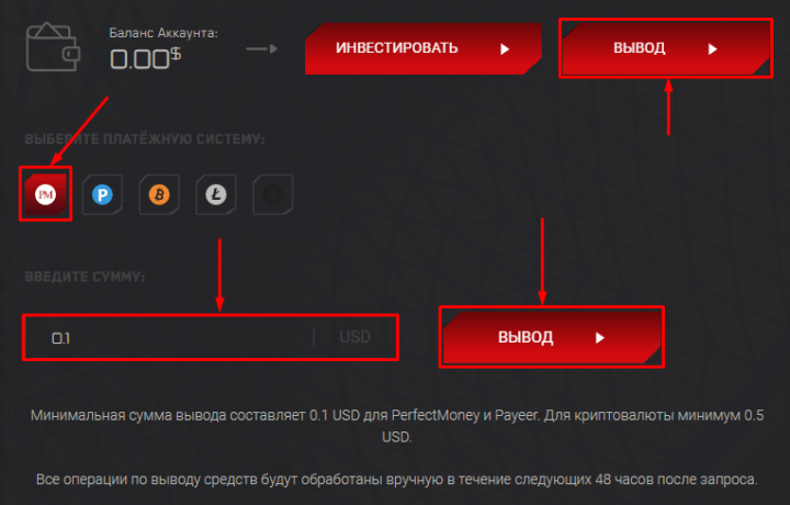 Вывод средств в проекте F1 Start Invest