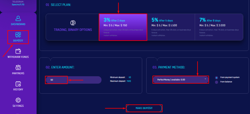 Создание депозита в проекте 7spectra