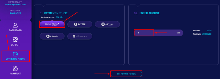 Вывод средств в проекте 7spectra