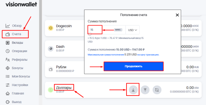 Пополнение баланса в проекте Vision Wallet