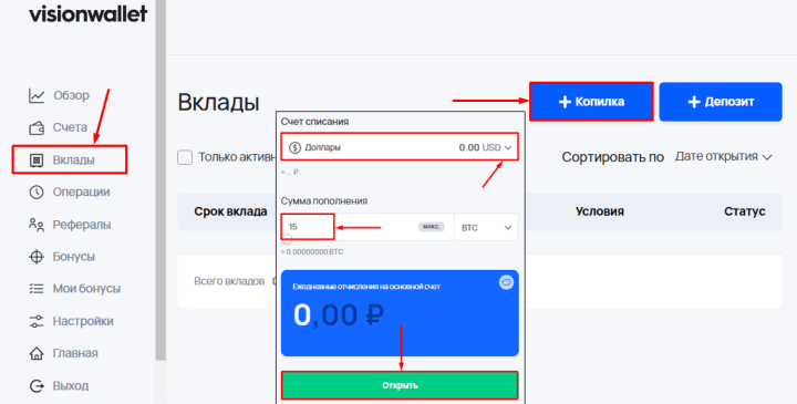 Создание вклада в проекте Vision Wallet