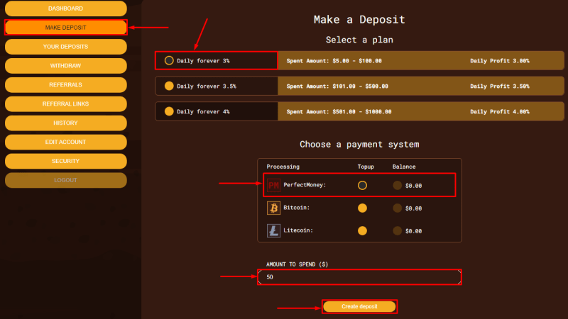 Creating a deposit in the Profminer project