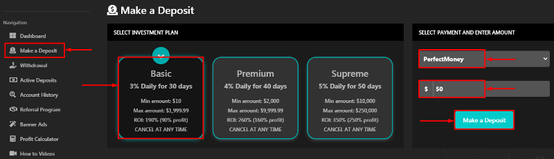 Creating a deposit in the AX Trader project