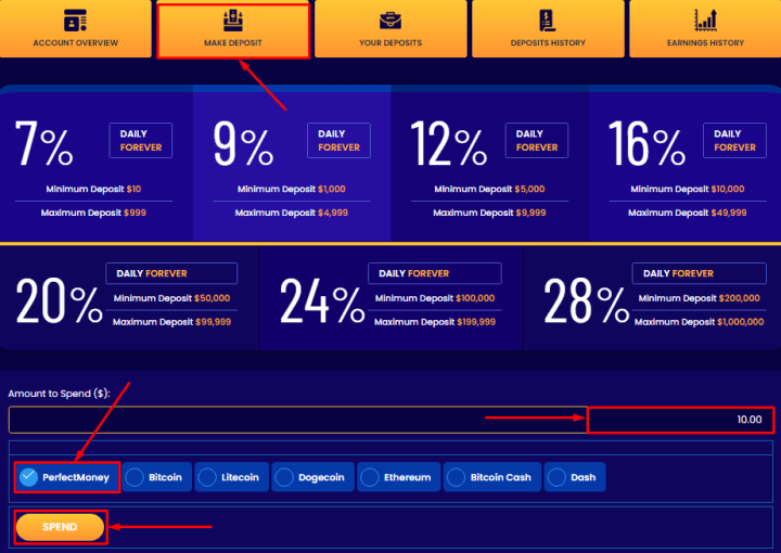 Создание депозита в проекте BitPerfect