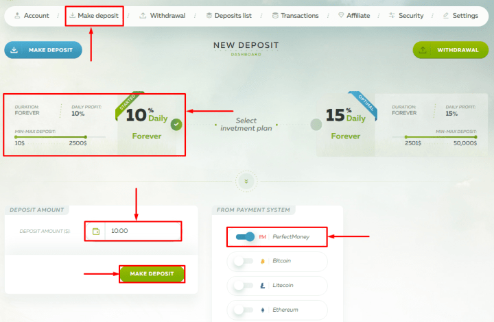 Creating a deposit in the Profit Day project