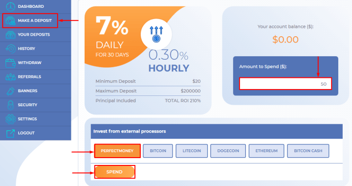 Making a deposit in the Crypticy project