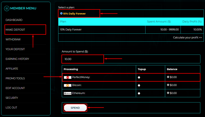 Creating a deposit in the Ex-Trades project