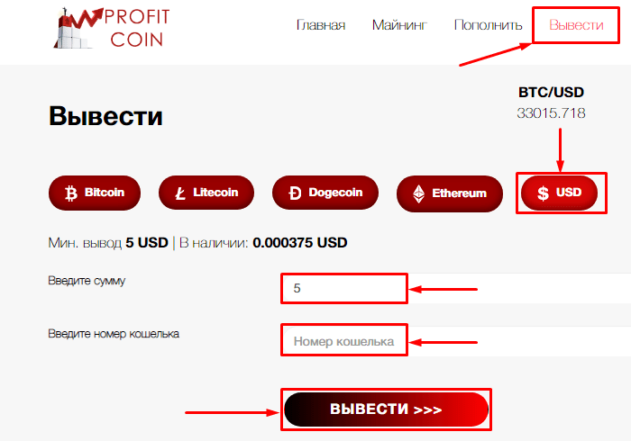 Вывод средств в проекте Profit Coin