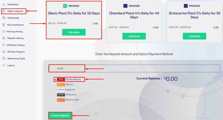 Создание депозита в проекте Razorbits