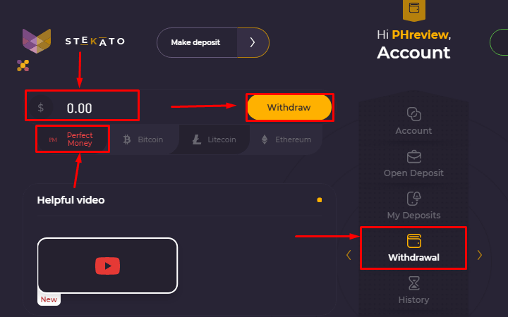 Withdrawing funds in the Stekato project