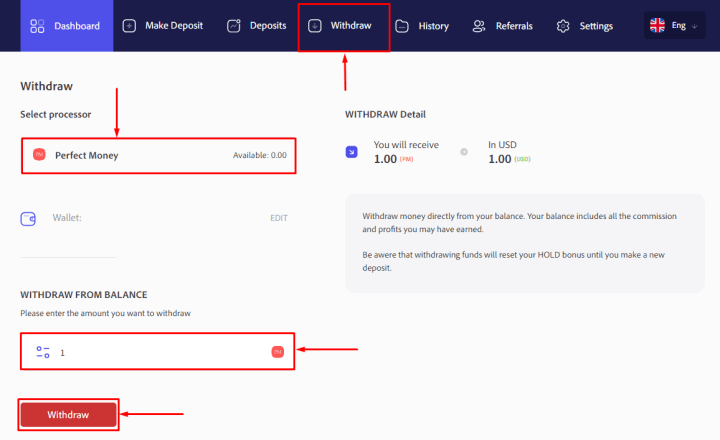 Withdrawing funds in the BankReturns project