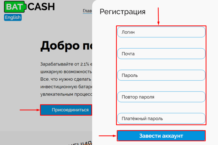 Регистрация в проекте Batcash