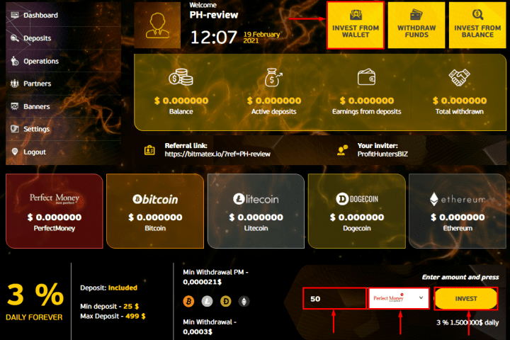 Creating a deposit in the Bitmatex project