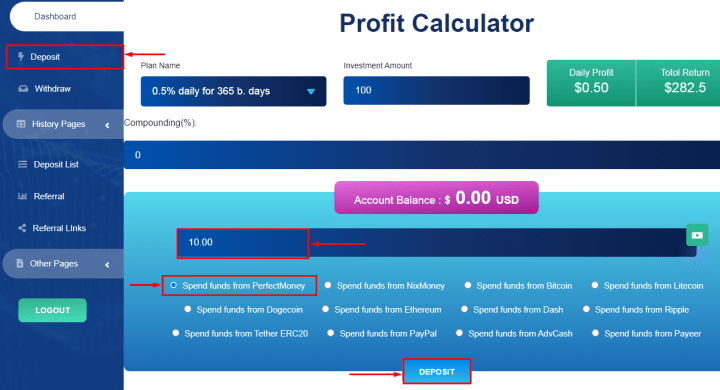 Vytvoření vkladu v projektu Forex Profits