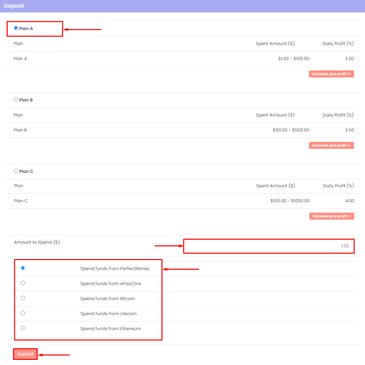 Создание депозита в проекте Globe Profit