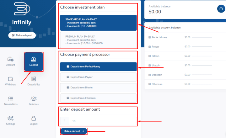 Creating a deposit in the Infinily project