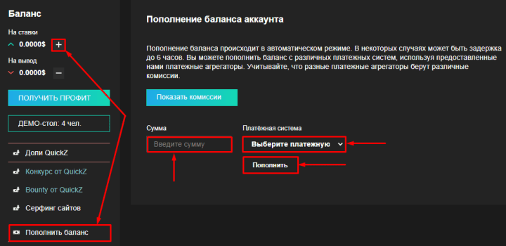 Пополнение баланса в проекте QuickZ
