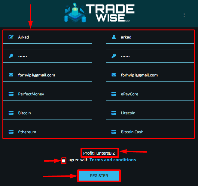 Регистрация в проекте Tradewise