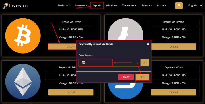 Пополнение счета в проекте Investro