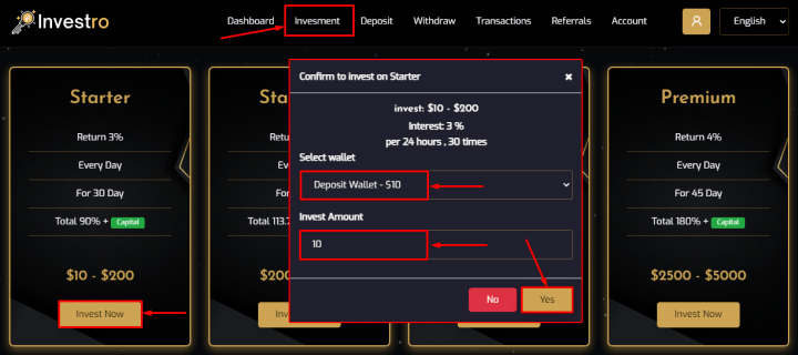 Создание депозита в проекте Investro