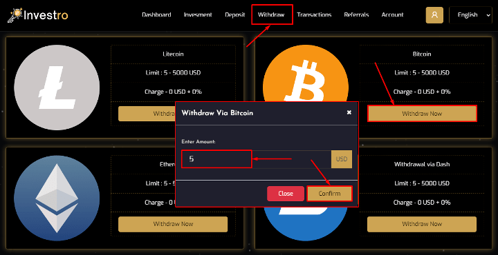 Prelievo di fondi nel progetto Investro