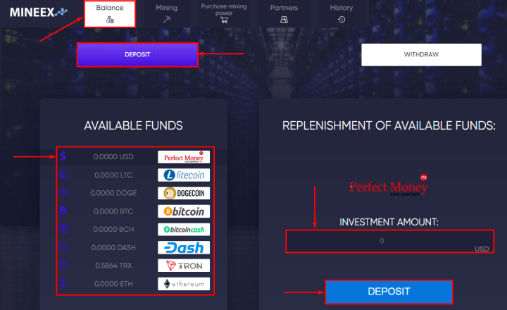 Пополнение баланса в проекте Mineex