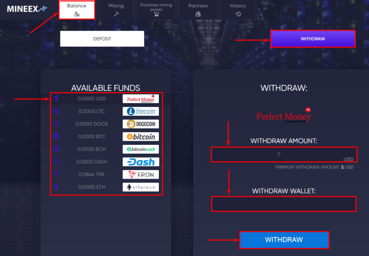 Withdraw funds in the Mineex project