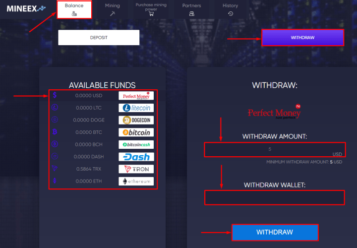 Вывод средств в проекте Mineex