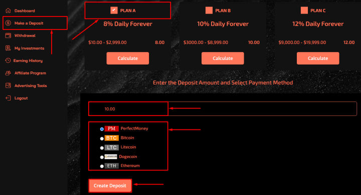 Создание депозита в проекте Octobit