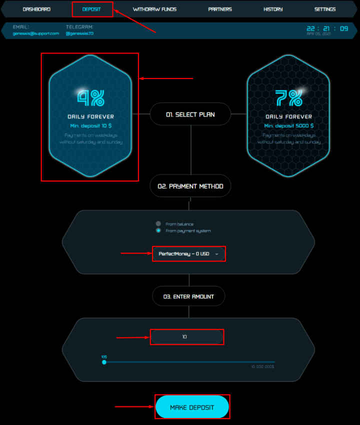 Создание депозита в проекте Genessis