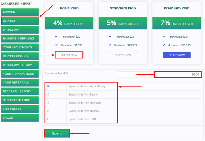 Создание депозита в проекте Infinite Passive Income