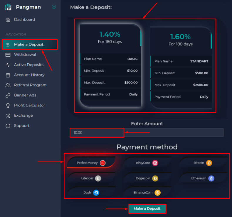 Pangman Capital 프로젝트에 예금 만들기