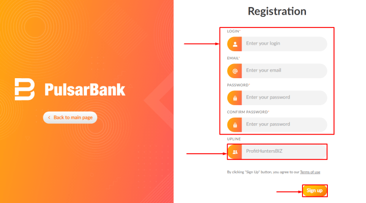 Регистрация в проекте Pulsarbank