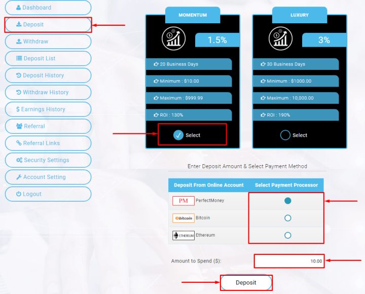 Hacer un depósito en The Project9