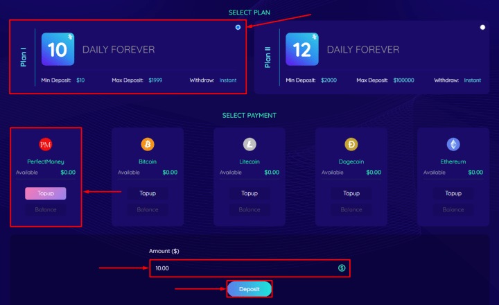 Создание депозита в проекте Toptose