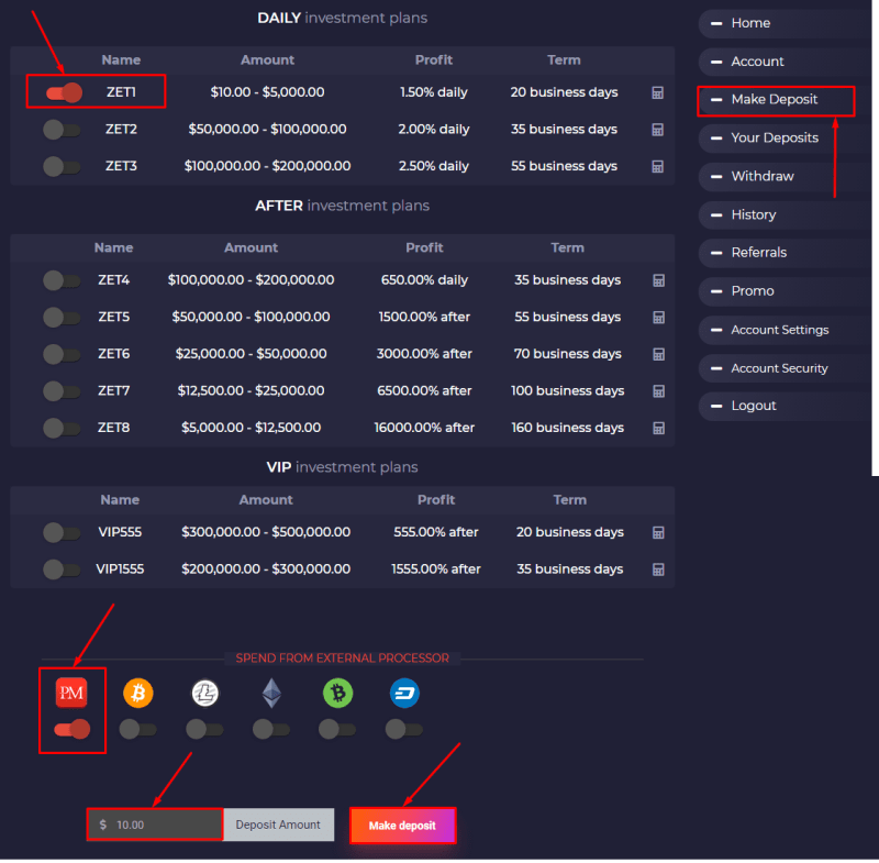 Creating a deposit in the ZetBull project