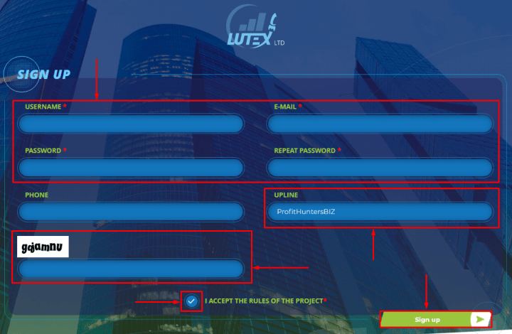 Регистрация в проекте Lutex