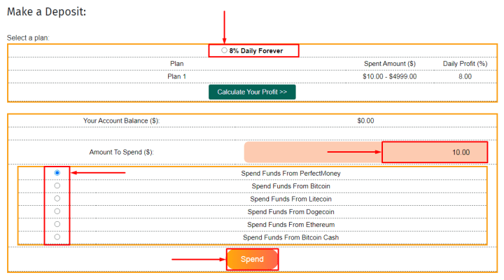 Creating a deposit in the Bitincome project