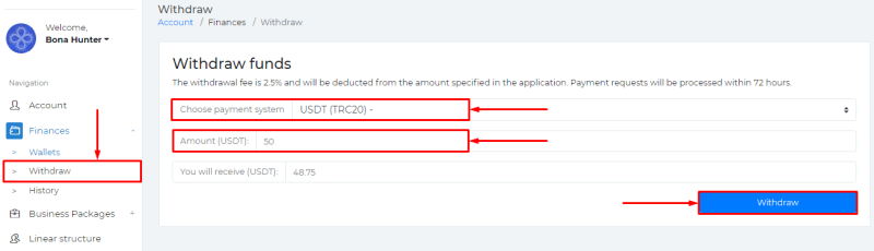 Вывод средств в проекте SMG LTD